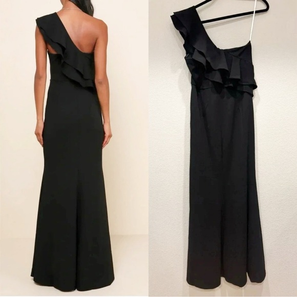 Sz L - NWOT Lulus Grand Beauty Black Ruffled One-Shoulder Mermaid Maxi‎ Dress - Picture 9 of 9